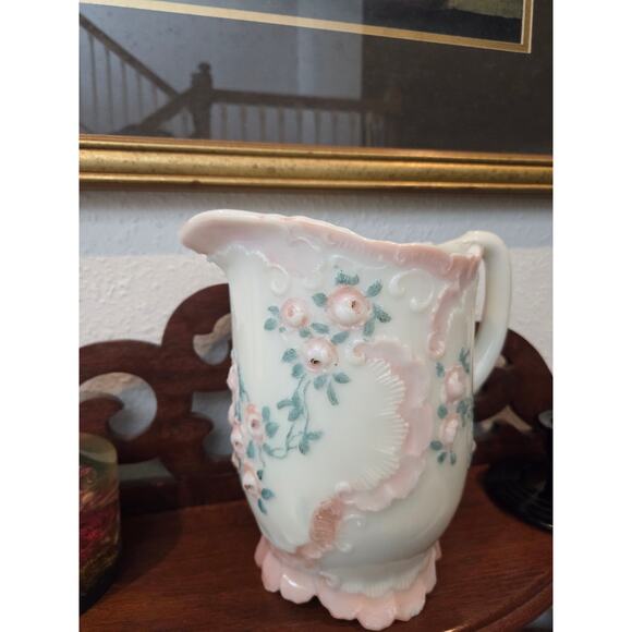 Antique Dithridge Milk Glass Rose Pitcher 8" EAPG Hand Painted Victorian 1800s - Picture 5 of 10